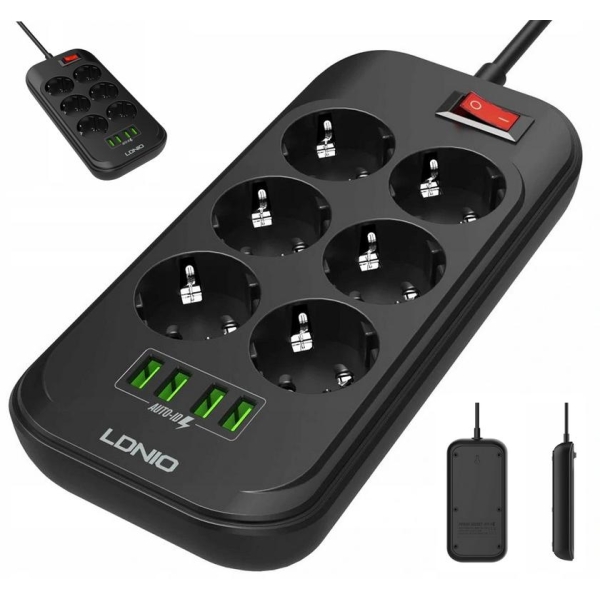 Listwa zasilająca 6 Gniazd + 4x USB Przedłużacz