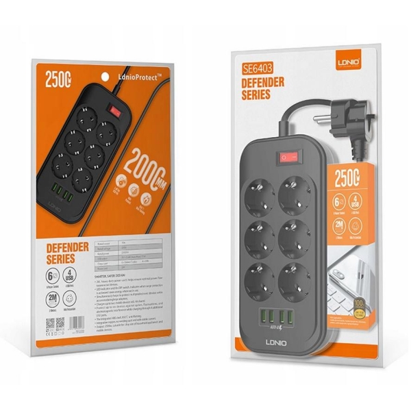 Listwa zasilająca 6 Gniazd + 4x USB Przedłużacz