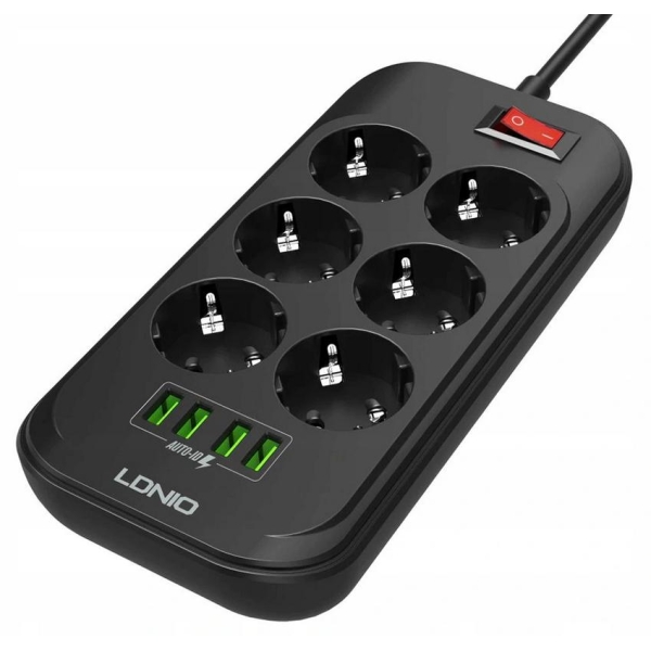 Listwa zasilająca 6 Gniazd + 4x USB Przedłużacz