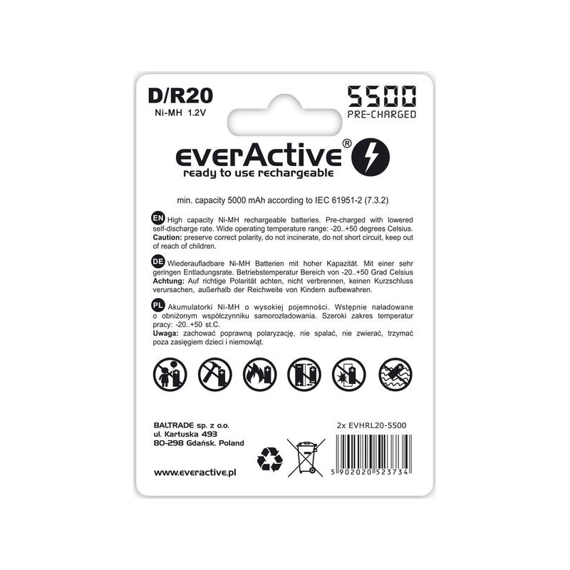 Akumulatorki D / R20 Ni-MH everActive 5500mAh Silver Line (box 2 szt.)