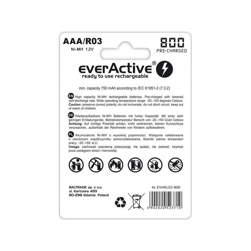Akumulatorki AAA / R03 Ni-MH everActive 800mAh Silver Line (box 4 szt.)