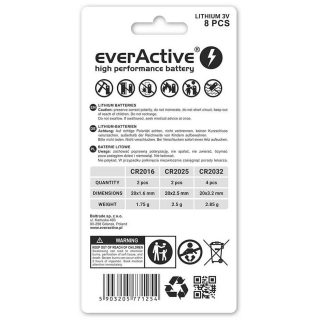 Zestaw 8 baterii 3,0V 4x CR2032 2x CR2025 2x CR2016 everActive 2