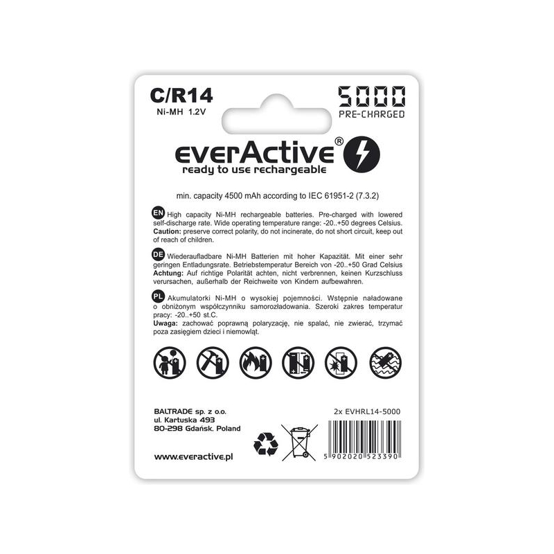 Akumulatorki C / R14 everActive Ni-MH Ni-MH 5000 mAh Professional line (box 2 szt.)