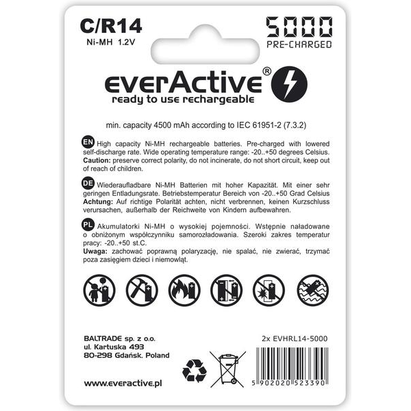 Akumulatorki C / R14 everActive Ni-MH Ni-MH 5000 mAh Professional line (box 2 szt.)