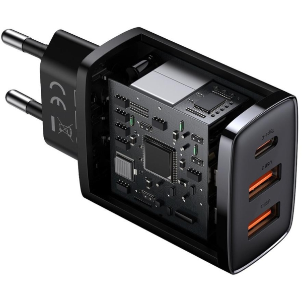 ŁADOWARKA SIECIOWA Baseus Compact Quick Charger CCXJ-E01 30W 2x USB-A 1x USB-C PD 3.0 QC 3.0 CZARNA