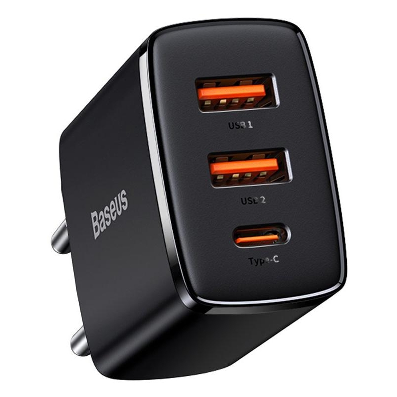 ŁADOWARKA SIECIOWA Baseus Compact Quick Charger CCXJ-E01 30W 2x USB-A 1x USB-C PD 3.0 QC 3.0 CZARNA