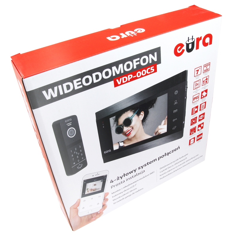 WIDEODOMOFON "EURA" VDP-00C5 - czarny, monitor 7", WiFi, kamera 1080p, RFID, szyfrator