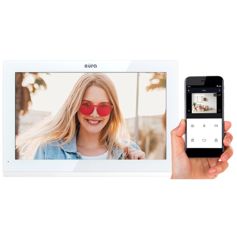 MONITOR "EURA" VDA-10C5 - biały, dotykowy, LCD 10", AHD, WiFi, pamięć obrazów, SD 128GB,  rozbudowa do 6 monitorów, 2 stacji bra