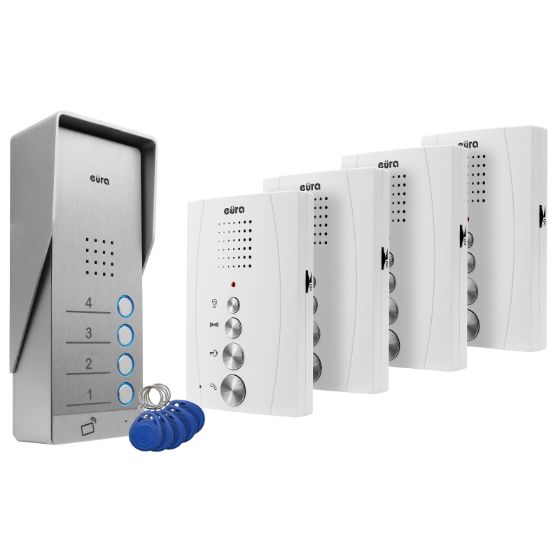 DOMOFON "EURA" ADP-64A3 - biały, czterorodzinny, głośnomówiący, obsługa 2 wejść, czytnik RFID