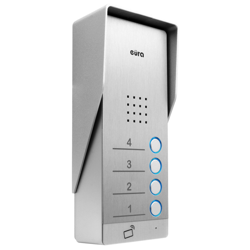 DOMOFON "EURA" ADP-64A3 - biały, czterorodzinny, głośnomówiący, obsługa 2 wejść, czytnik RFID