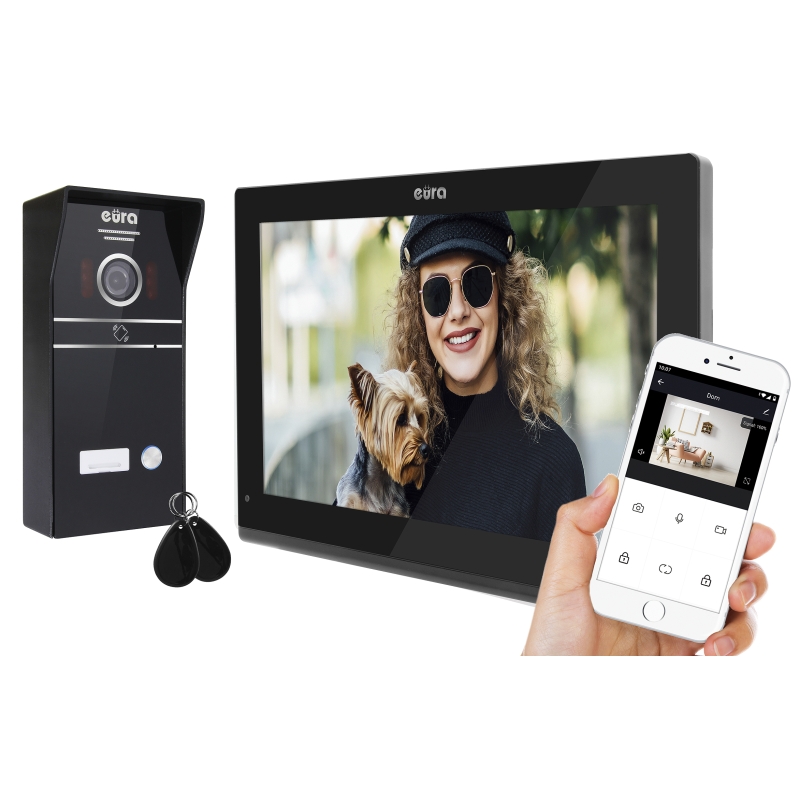 WIDEODOMOFON "EURA" VDP-98C5 - czarny, dotykowy, LCD 10", AHD, WiFi,  pamięć obrazów, SD 128GB,  rozbudowa do 6 monitorów, 2 sta