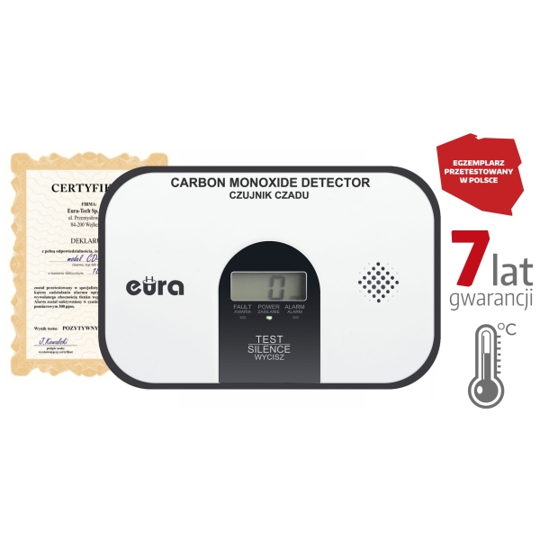 Czujnik czadu "Eura" CD-45A2  v.2- 7 lat gwarancji, DC 3V, wyświetlacz LCD, wolnostojący