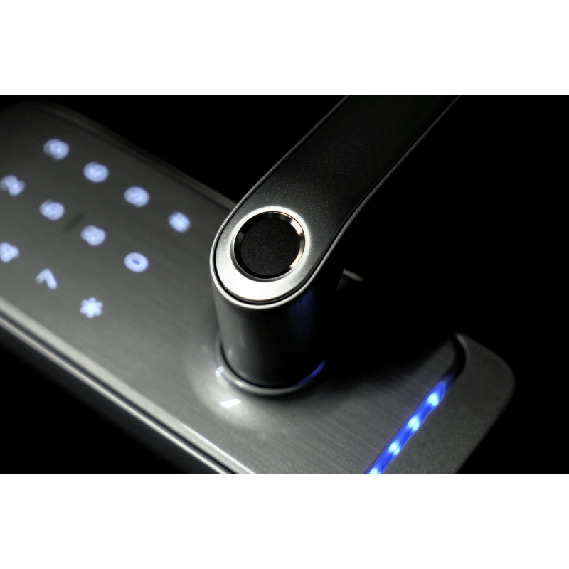 KLAMKA Z KONTROLEREM DOSTĘPU "EURA" ELH-01H4 - srebrna, szyfrator, czytnik Mifare 13,56 MHz, czytnik biometryczny, IP55, App TTL