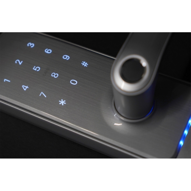 KLAMKA Z KONTROLEREM DOSTĘPU "EURA" ELH-01H4 - srebrna, szyfrator, czytnik Mifare 13,56 MHz, czytnik biometryczny, IP55, App TTL