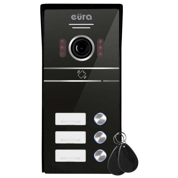 KASETA ZEWNĘTRZNA WIDEODOMOFONU "EURA" VDA-63C5 - trójrodzinna, czarna, kamera 1080p., czytnik RFID, natynk