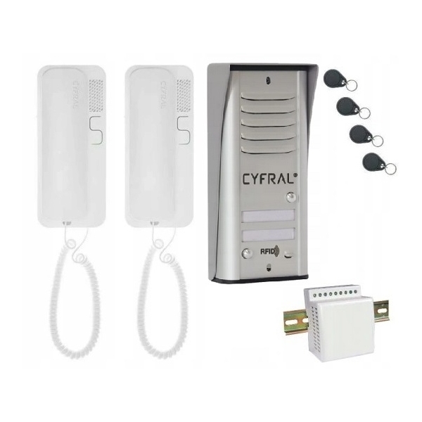 DOMOFON "CYFRAL" 'COSMO' zestaw 2-lokatorski srebrny, czytnik RFID