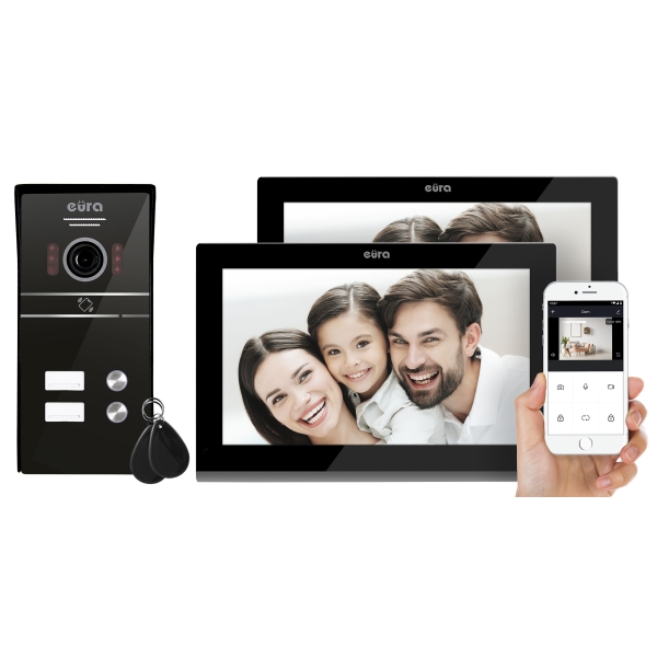 WIDEODOMOFON "EURA" VDP-82C5- dwurodzinny, czarny, 2x dotykowy LCD 7", FHD, WiFi, obsługa 2 wejść, kamera 1080p., czytnik RFiD, 