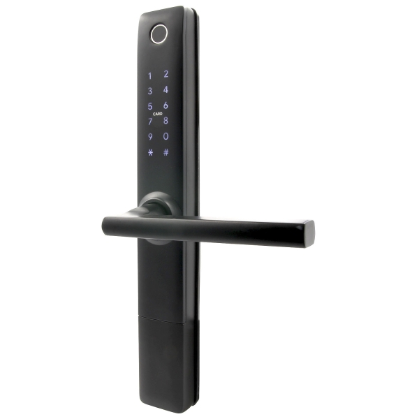 KLAMKA Z KONTROLEREM DOSTĘPU "EURA" ELH-20H4 - czarna, wąska szyfrator, czytnik Mifare 13,56 MHz, czytnik biometryczny, IP55, Ap