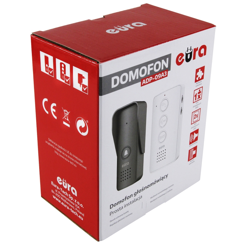 DOMOFON "EURA" ADP-09A3 - czarny, głośnomówiący, obsługa 2 wejść