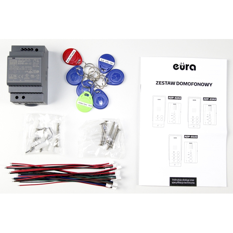 DOMOFON "EURA" ADP-64A3 - biały, czterorodzinny, głośnomówiący, obsługa 2 wejść, czytnik RFID