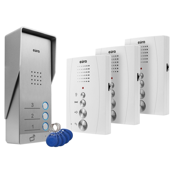 DOMOFON "EURA" ADP-63A3 - biały, trójrodzinny, głośnomówiący, obsługa 2 wejść, czytnik RFID