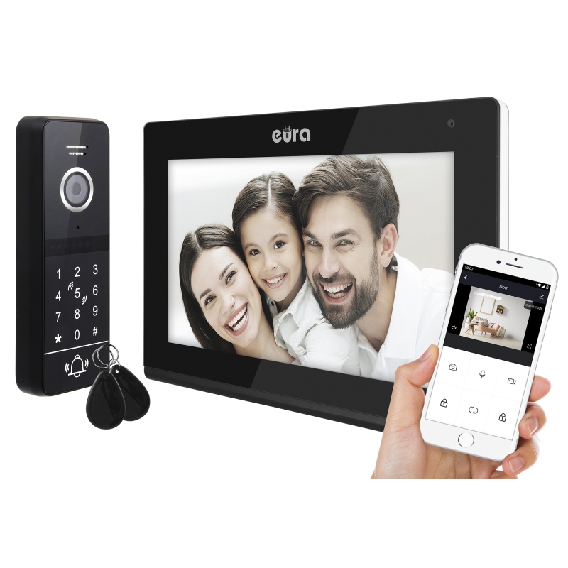 WIDEODOMOFON "EURA" VDP-97C5 - czarny, dotykowy, LCD 7", AHD, WiFi,  pamięć obrazów, SD 128GB,  rozbudowa do 6 monitorów, 2 stac