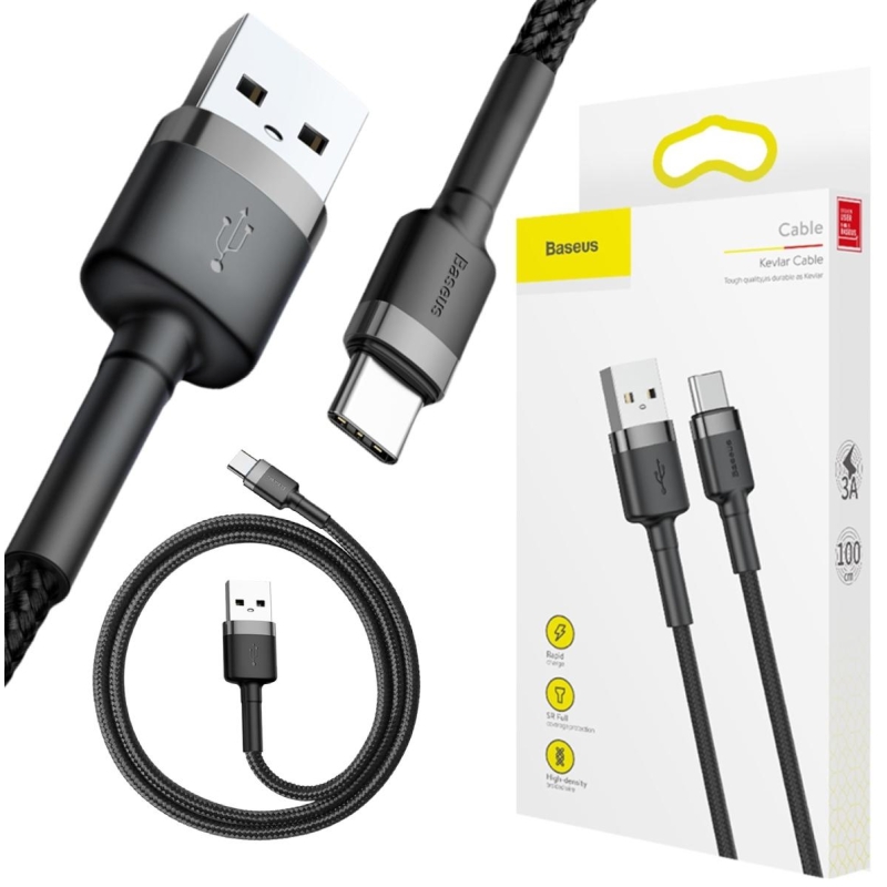 KABEL USB-A -  USB-C Baseus Cafule CATKLF-BG1 100cm 3A QC 3.0 CZARNO-SZARY W NYLONOWYM OPLOCIE