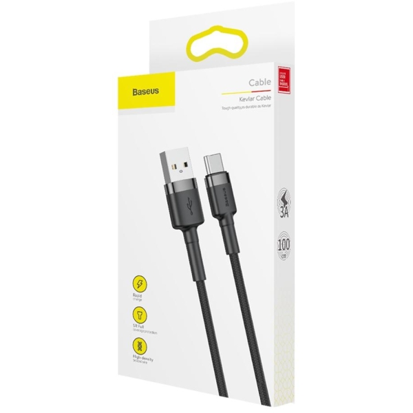 KABEL USB-A -  USB-C Baseus Cafule CATKLF-BG1 100cm 3A QC 3.0 CZARNO-SZARY W NYLONOWYM OPLOCIE