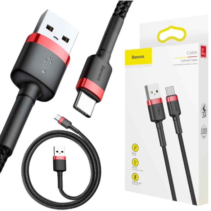 KABEL USB-A -  USB-C Baseus Cafule CATKLF-B91 100cm 3A QC 3.0 CZARNO-CZERWONY W OPLOCIE