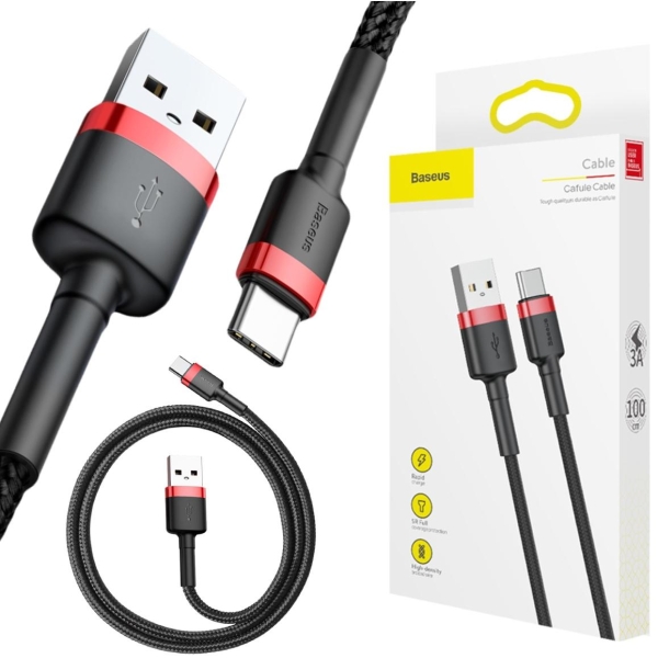 KABEL USB-A -  USB-C Baseus Cafule CATKLF-B91 100cm 3A QC 3.0 CZARNO-CZERWONY W OPLOCIE