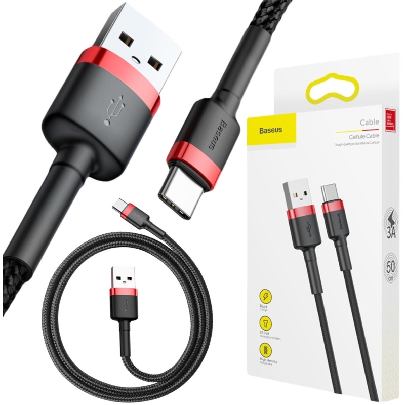 KABEL USB-A -  USB-C Baseus Cafule CATKLF-A91 50cm 3A QC 3.0 CZARNO-CZERWONY W OPLOCIE