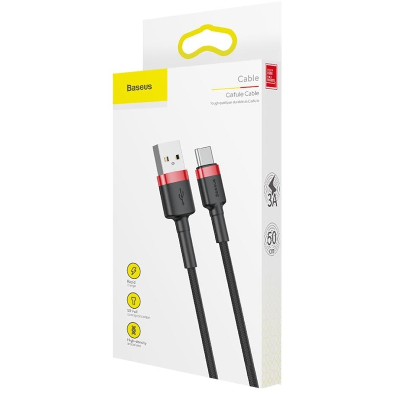 KABEL USB-A -  USB-C Baseus Cafule CATKLF-A91 50cm 3A QC 3.0 CZARNO-CZERWONY W OPLOCIE