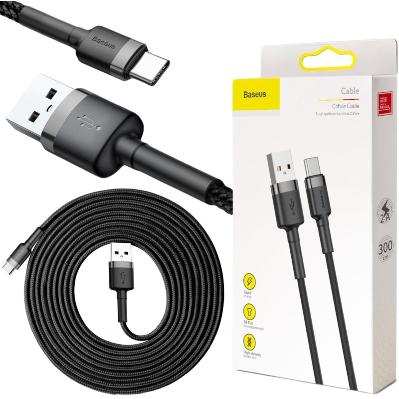 KABEL USB-A -  USB-C Baseus Cafule CATKLF-UG1 300cm 3A QC 3.0 CZARNO-SZARY W NYLONOWYM OPLOCIE