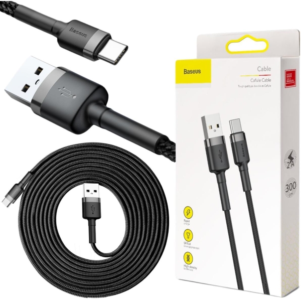 KABEL USB-A -  USB-C Baseus Cafule CATKLF-UG1 300cm 3A QC 3.0 CZARNO-SZARY W NYLONOWYM OPLOCIE