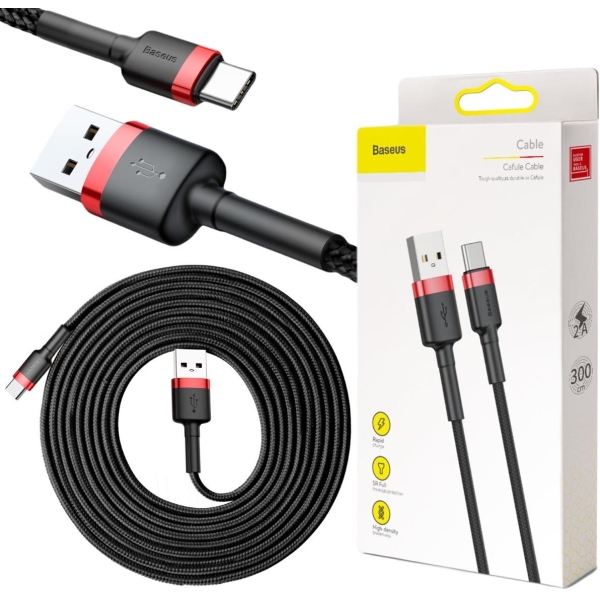 KABEL USB-A -  USB-C Baseus Cafule CATKLF-U91 300cm 2A QC 3.0 CZARNO-CZERWONY W OPLOCIE