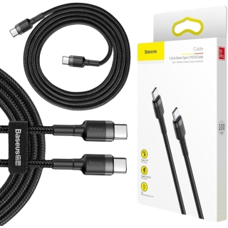 KABEL USB-C -  USB-C Baseus Cafule CATKLF-GG1 100cm 60W 3A PD 2.0 QC 3.0 CZARNO-SZARY W OPLOCIE