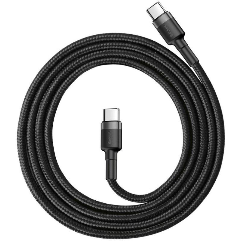 KABEL USB-C -  USB-C Baseus Cafule CATKLF-GG1 100cm 60W 3A PD 2.0 QC 3.0 CZARNO-SZARY W OPLOCIE