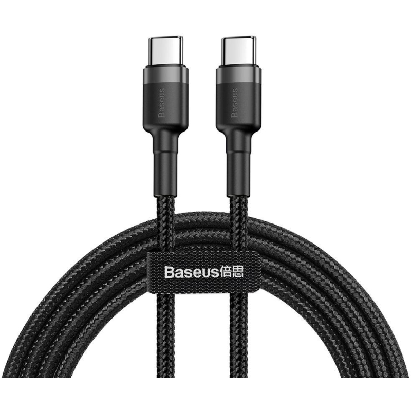 KABEL USB-C -  USB-C Baseus Cafule CATKLF-GG1 100cm 60W 3A PD 2.0 QC 3.0 CZARNO-SZARY W OPLOCIE