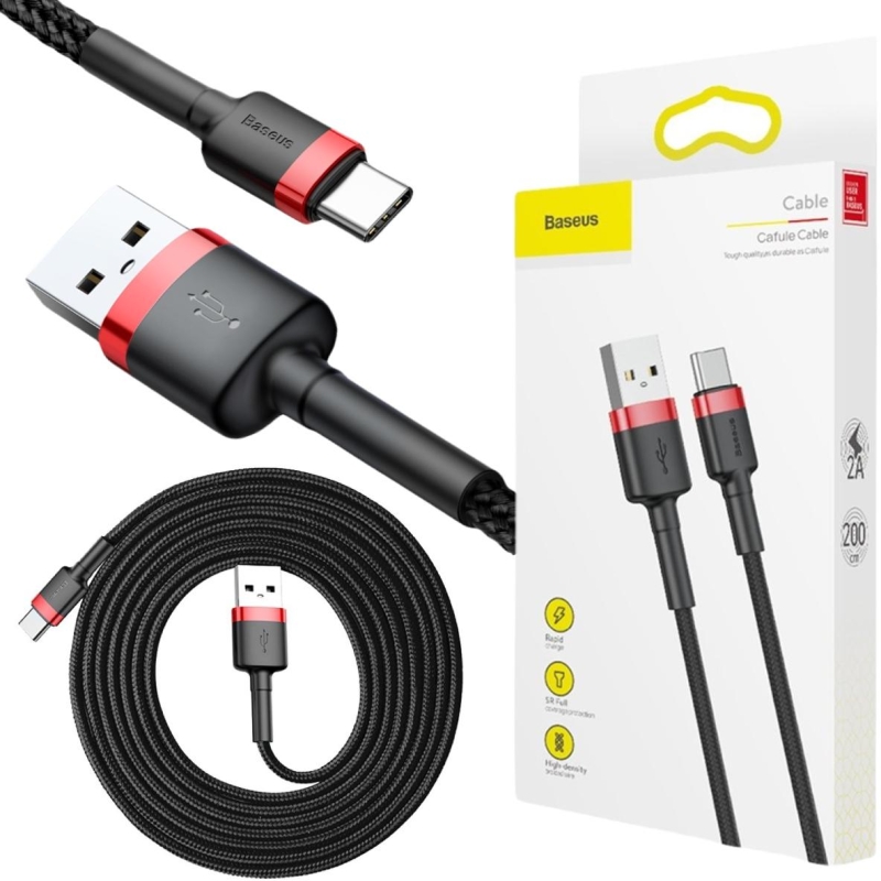 KABEL USB-A -  USB-C Baseus Cafule CATKLF-C91 200cm 2A QC 3.0 CZARNO-CZERWONY W OPLOCIE