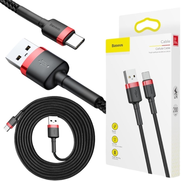 KABEL USB-A -  USB-C Baseus Cafule CATKLF-C91 200cm 2A QC 3.0 CZARNO-CZERWONY W OPLOCIE