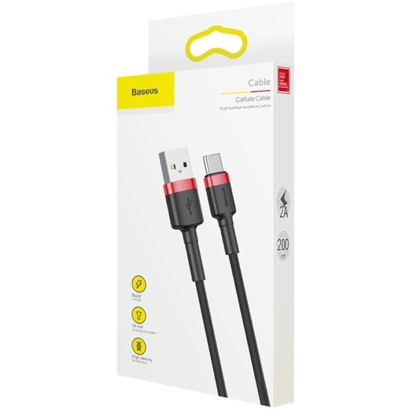 KABEL USB-A -  USB-C Baseus Cafule CATKLF-C91 200cm 2A QC 3.0 CZARNO-CZERWONY W OPLOCIE