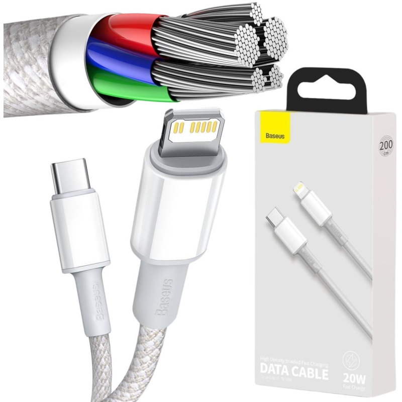 KABEL USB-C -  Lightning / iPhone Baseus Cafule CATLGD-A02 2m 20W PD Quick Charging BIAŁY W OPLOCIE