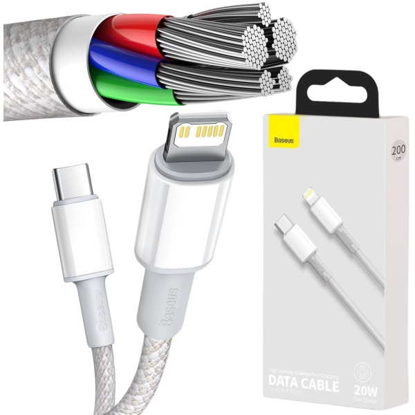 KABEL USB-C -  Lightning / iPhone Baseus Cafule CATLGD-A02 2m 20W PD Quick Charging BIAŁY W OPLOCIE