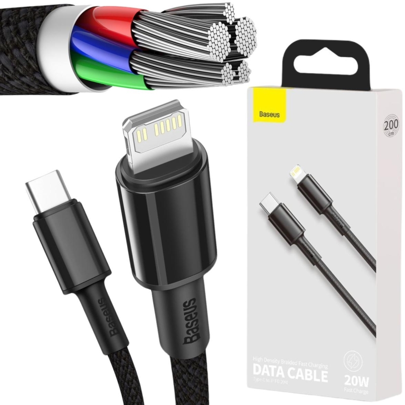 KABEL USB-C -  Lightning / iPhone Baseus Cafule CATLGD-A01 2m 20W PD Quick Charging CZARNY W OPLOCIE