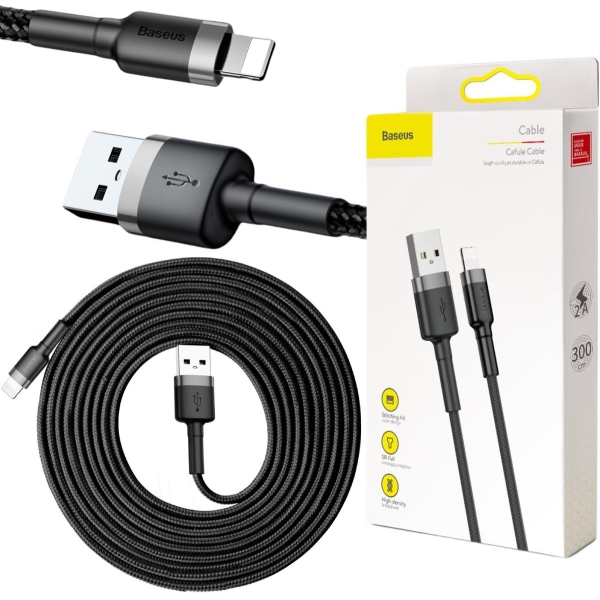 KABEL USB-A -  Lightning / iPhone Baseus Cafule CALKLF-RG1 300cm Apple 2A CZARNO-SZARY W OPLOCIE