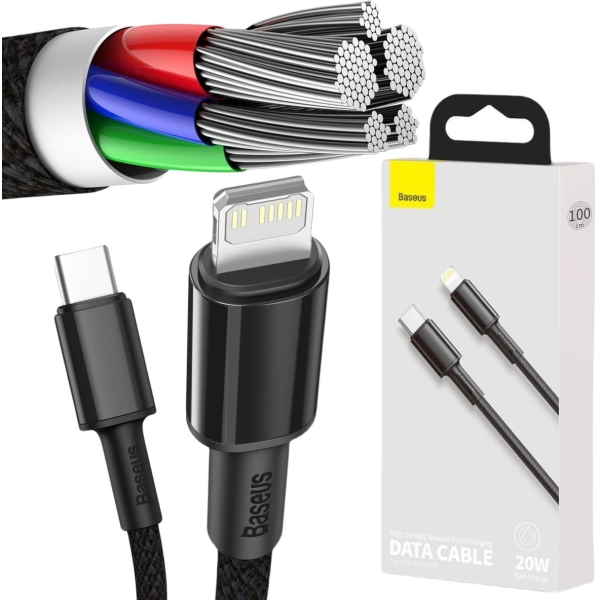 KABEL USB-C -  Lightning / iPhone Baseus Cafule CATLGD-01 1m 20W PD Quick Charging CZARNY W OPLOCIE