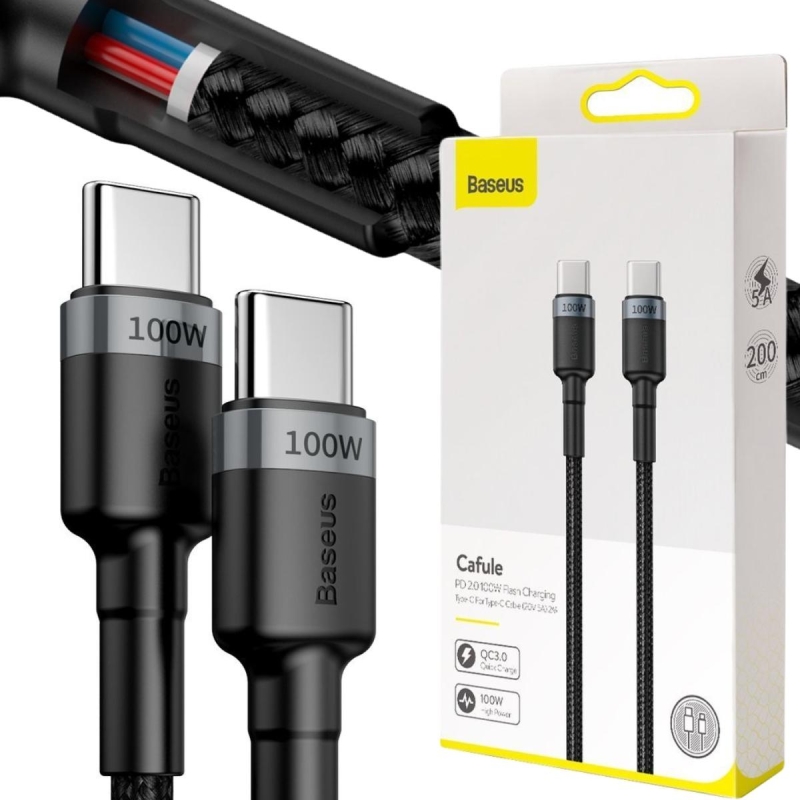 KABEL USB-C -  USB-C Baseus Cafule CATKLF-ALG1 200cm 100W 5A PD 2.0 QC 3.0 CZARNO-SZARY W OPLOCIE