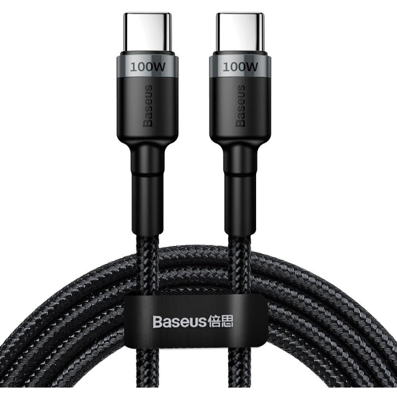 KABEL USB-C -  USB-C Baseus Cafule CATKLF-ALG1 200cm 100W 5A PD 2.0 QC 3.0 CZARNO-SZARY W OPLOCIE