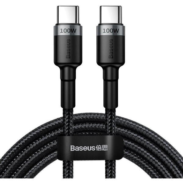 KABEL USB-C -  USB-C Baseus Cafule CATKLF-ALG1 200cm 100W 5A PD 2.0 QC 3.0 CZARNO-SZARY W OPLOCIE