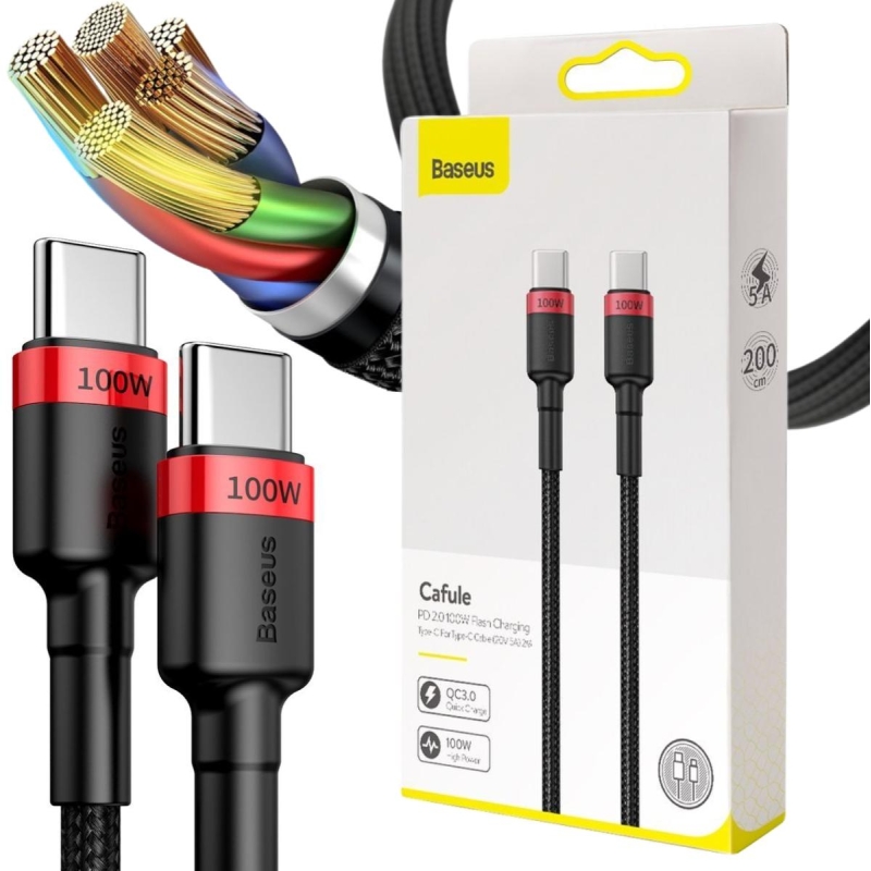 KABEL USB-C -  USB-C Baseus Cafule CATKLF-AL91 200cm 100W 5A PD 2.0 QC 3.0 CZARNY W OPLOCIE